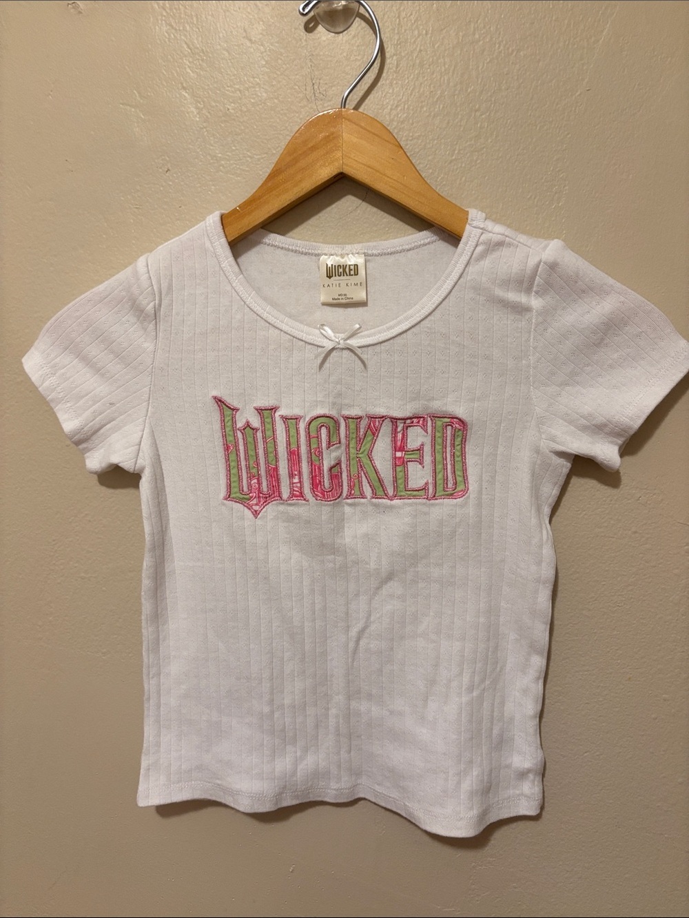 Wicked Kids White Ribbed Tee with Pink & Green Embroidery